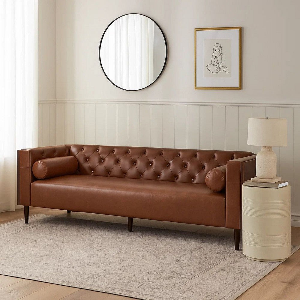 Biya Sofa | 3 Seater | 90" | Tufted Brown Faux Leather | 2 Pillows