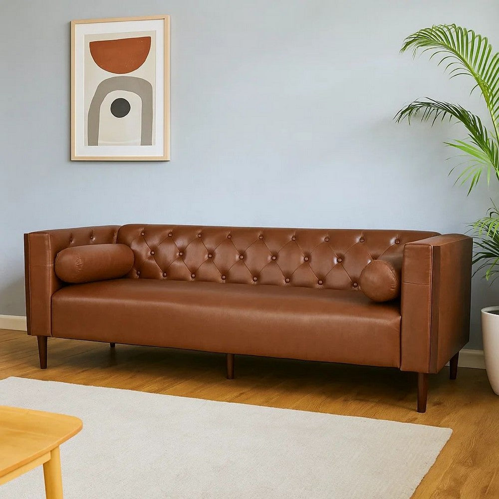 Biya Sofa | 3 Seater | 90" | Tufted Brown Faux Leather | 2 Pillows