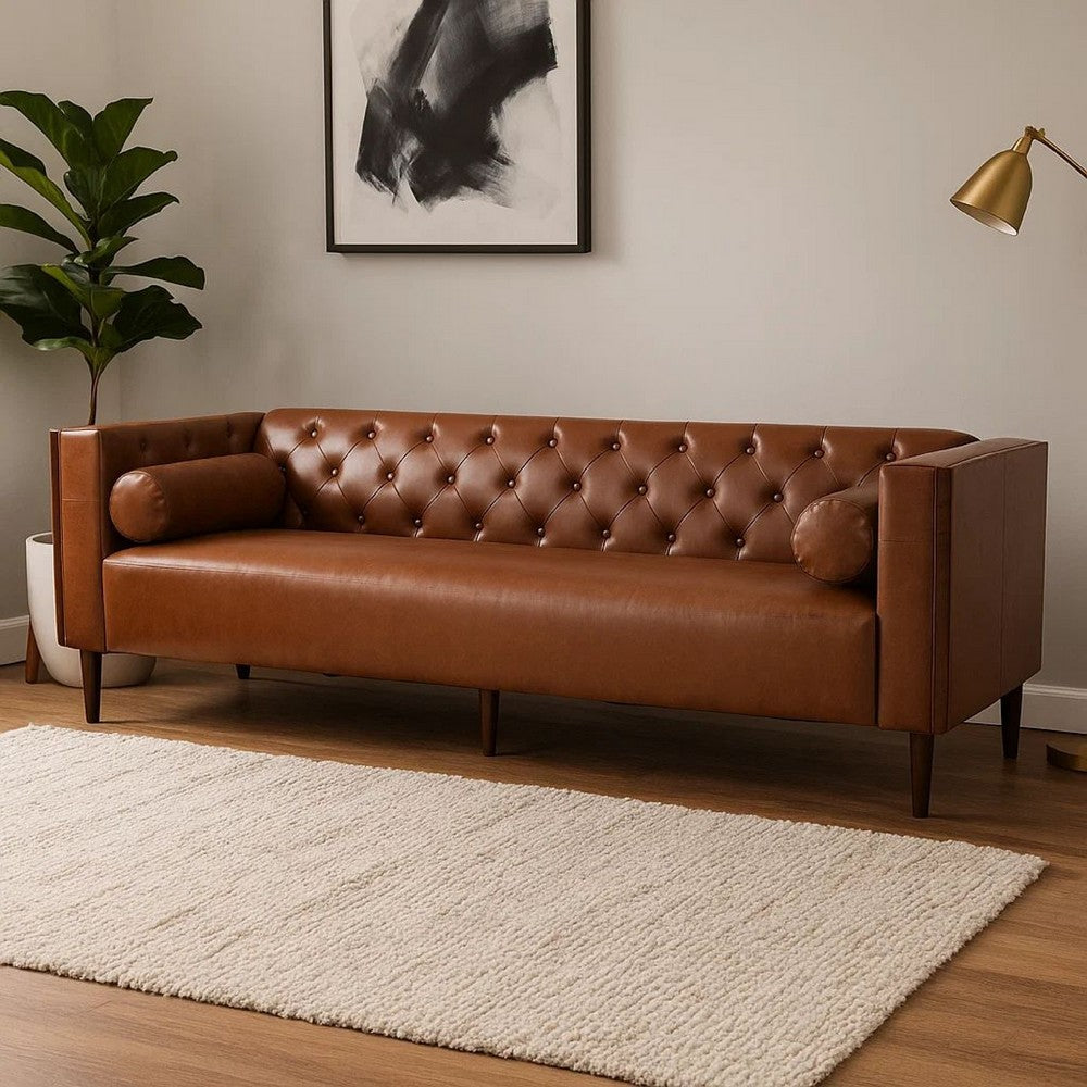 Biya Sofa | 3 Seater | 90" | Tufted Brown Faux Leather | 2 Pillows