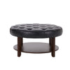 Kiam Ottoman | Shelf | Black Tufted Faux Leather | Brown Wood 32 Inch