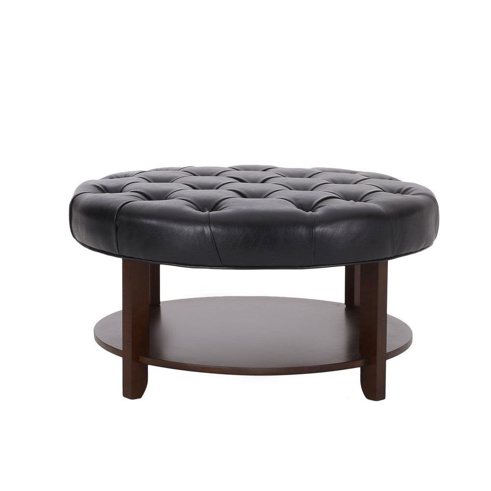 Kiam Ottoman | Shelf | Black Tufted Faux Leather | Brown Wood 32 Inch