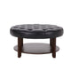Kiam Ottoman | Shelf | Black Tufted Faux Leather | Brown Wood 32 Inch