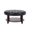 Kiam Ottoman Shelf Black Tufted Faux Leather Brown Wood 32 Inch