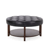 Kiam Ottoman Shelf Black Tufted Faux Leather Brown Wood 32 Inch