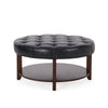 Kiam Ottoman | Shelf | Black Tufted Faux Leather | Brown Wood 32 Inch