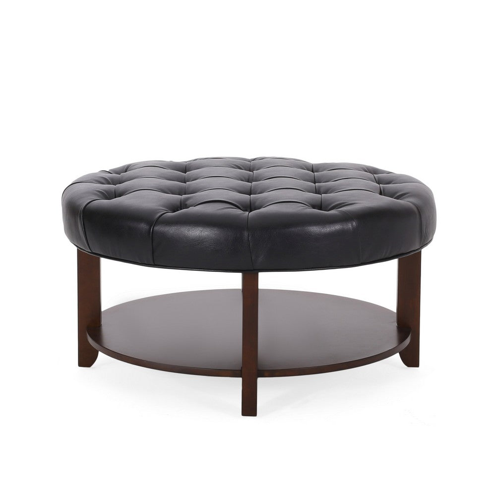 Kiam Ottoman | Shelf | Black Tufted Faux Leather | Brown Wood 32 Inch