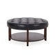 Kiam Ottoman | Shelf | Black Tufted Faux Leather | Brown Wood 32 Inch