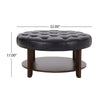 Kiam Ottoman | Shelf | Black Tufted Faux Leather | Brown Wood 32 Inch