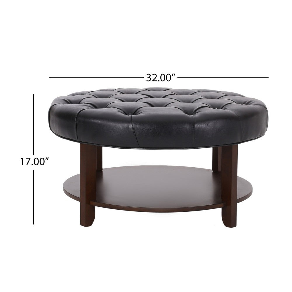 Kiam Ottoman | Shelf | Black Tufted Faux Leather | Brown Wood 32 Inch