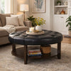 Kiam Ottoman | Shelf | Black Tufted Faux Leather | Brown Wood 32 Inch