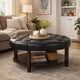 Kiam Ottoman | Shelf | Black Tufted Faux Leather | Brown Wood 32 Inch