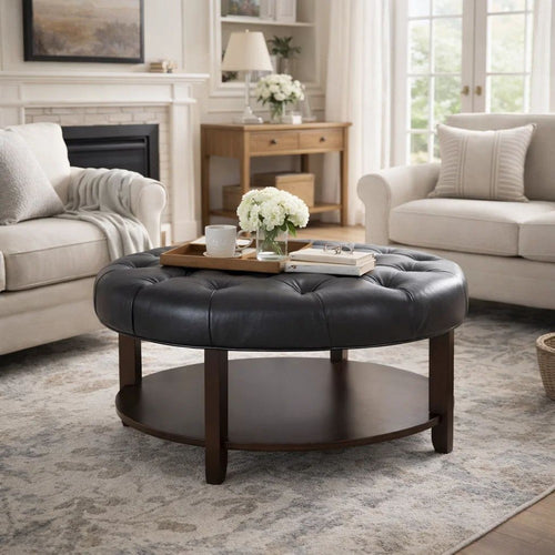 Kiam Ottoman, Shelf, Black Tufted Faux Leather, Brown Wood 32 Inch