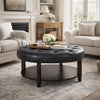 Kiam Ottoman, Shelf, Black Tufted Faux Leather, Brown Wood 32 Inch