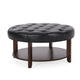 Kiam Ottoman, Shelf, Black Tufted Faux Leather, Brown Wood 32 Inch