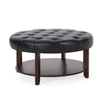 Kiam Ottoman | Shelf | Black Tufted Faux Leather | Brown Wood 32 Inch