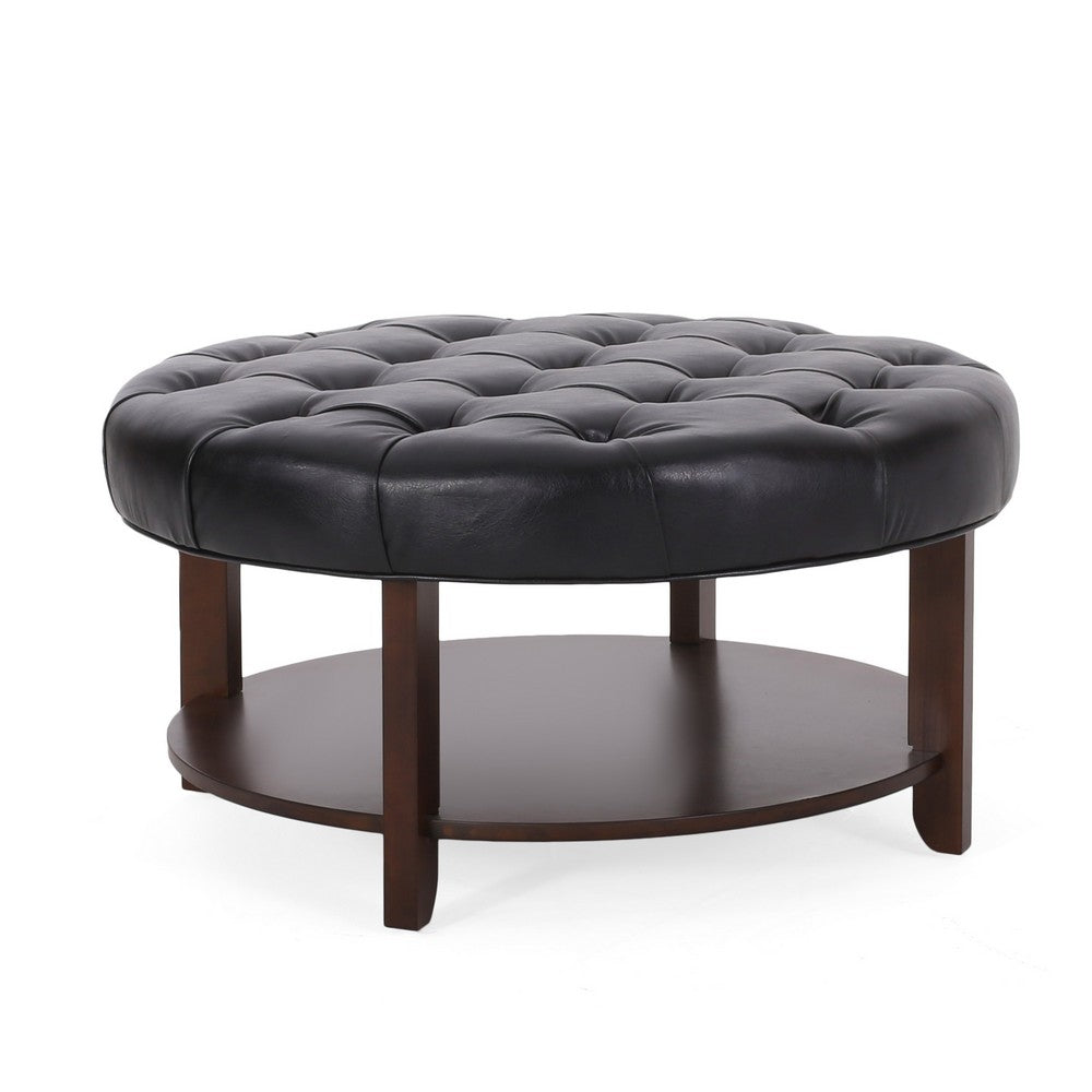 Kiam Ottoman | Shelf | Black Tufted Faux Leather | Brown Wood 32 Inch