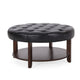 Kiam Ottoman | Shelf | Black Tufted Faux Leather | Brown Wood 32 Inch