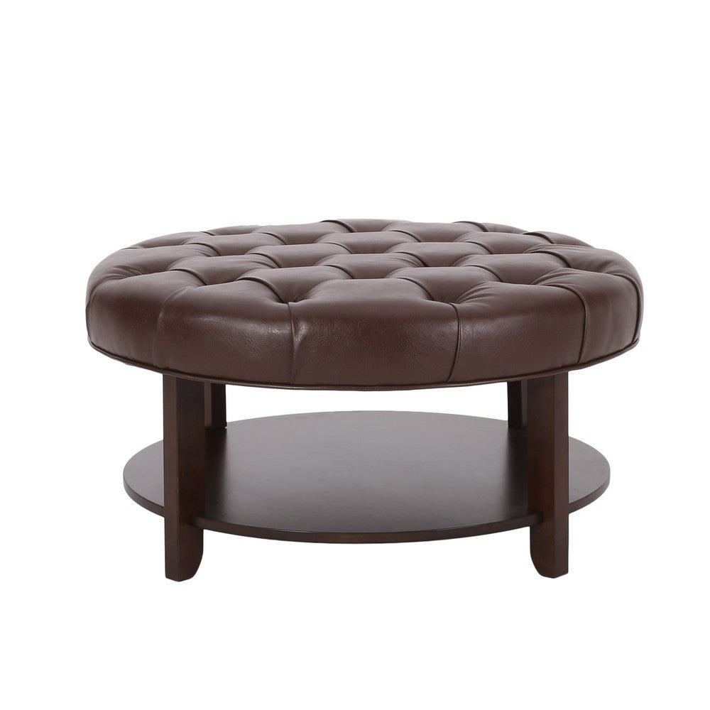 Kiam Ottoman | Shelf | Tufted Dark Brown Faux Leather | Wood 32 Inch