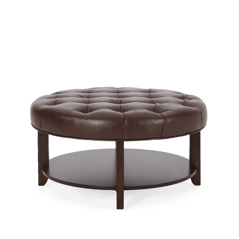 Kiam Ottoman | Shelf | Tufted Dark Brown Faux Leather | Wood 32 Inch