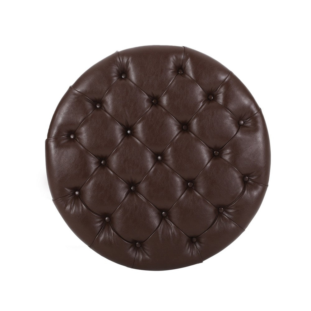 Kiam Ottoman | Shelf | Tufted Dark Brown Faux Leather | Wood 32 Inch