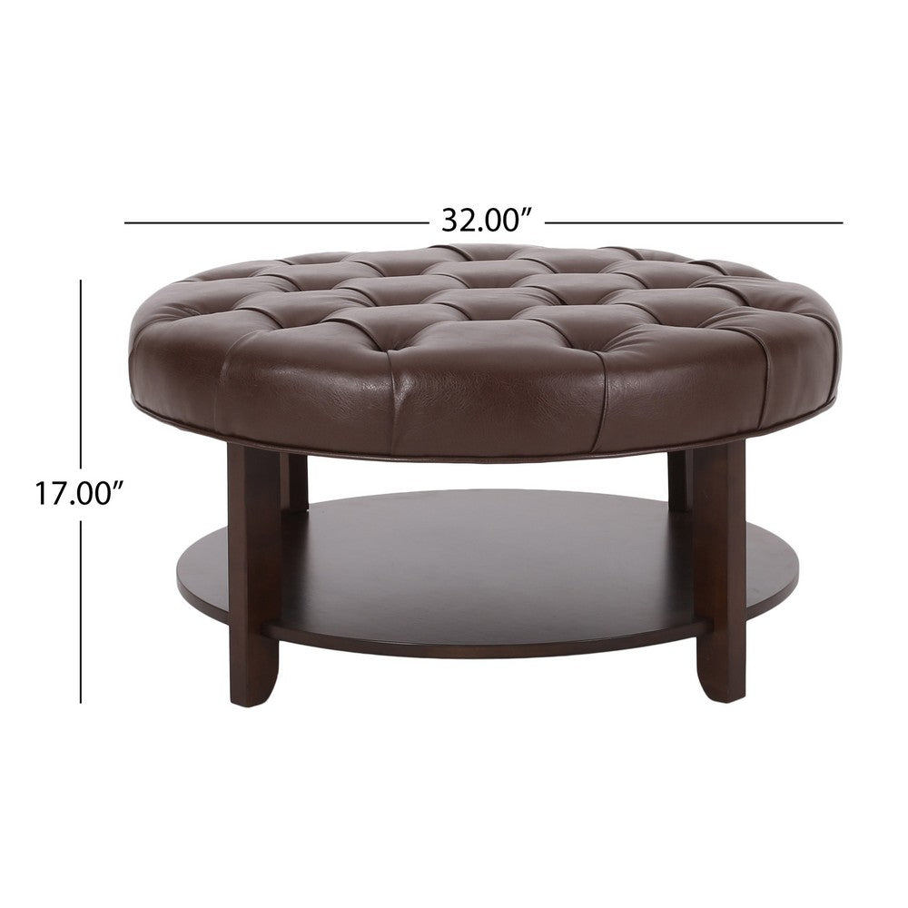 Kiam Ottoman | Shelf | Tufted Dark Brown Faux Leather | Wood 32 Inch