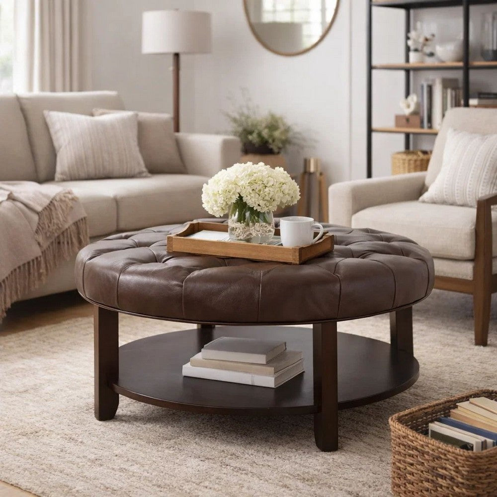 Kiam Ottoman | Shelf | Tufted Dark Brown Faux Leather | Wood 32 Inch