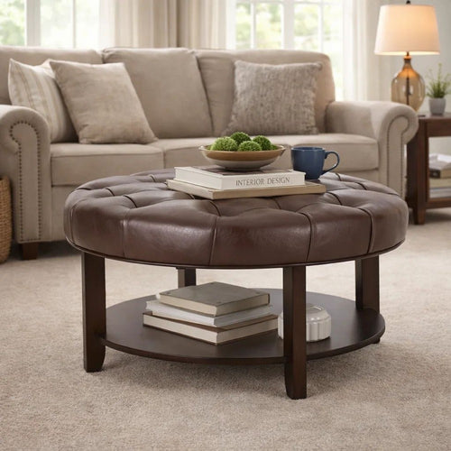 Kiam Ottoman, Shelf, Tufted Dark Brown Faux Leather, Wood 32 Inch