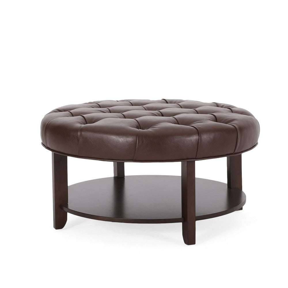 Kiam Ottoman, Shelf, Tufted Dark Brown Faux Leather, Wood 32 Inch