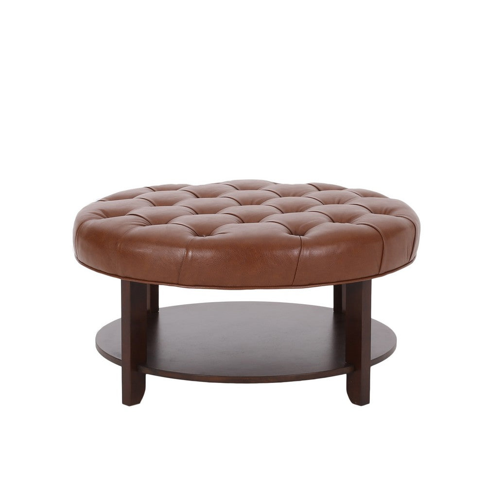 Kiam Ottoman | Shelf | Light Brown Faux Leather | Brown Wood 32 Inch
