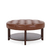 Kiam Ottoman | Shelf | Light Brown Faux Leather | Brown Wood 32 Inch
