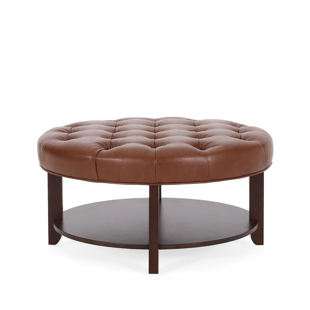 Kiam Ottoman | Shelf | Light Brown Faux Leather | Brown Wood 32 Inch