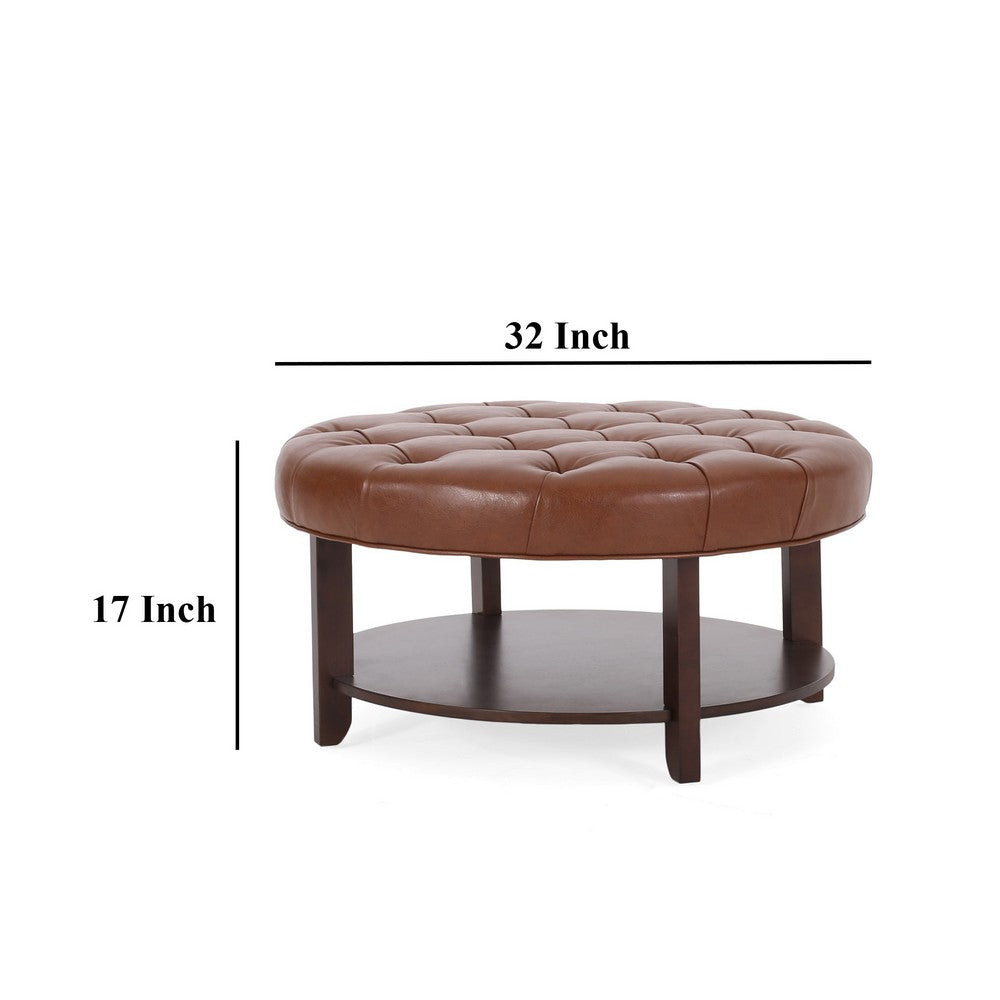 Kiam Ottoman | Shelf | Light Brown Faux Leather | Brown Wood 32 Inch