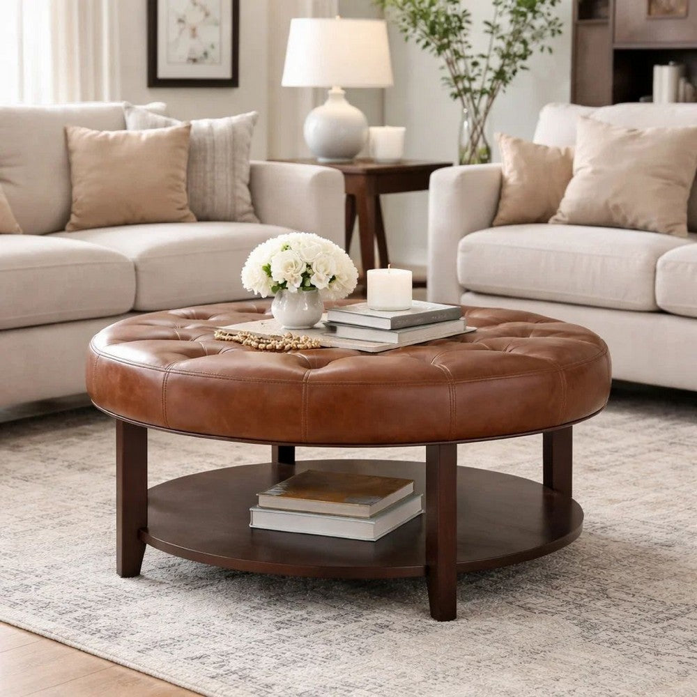 Kiam Ottoman, Shelf, Light Brown Faux Leather, Brown Wood 32 Inch