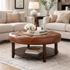Kiam Ottoman | Shelf | Light Brown Faux Leather | Brown Wood 32 Inch