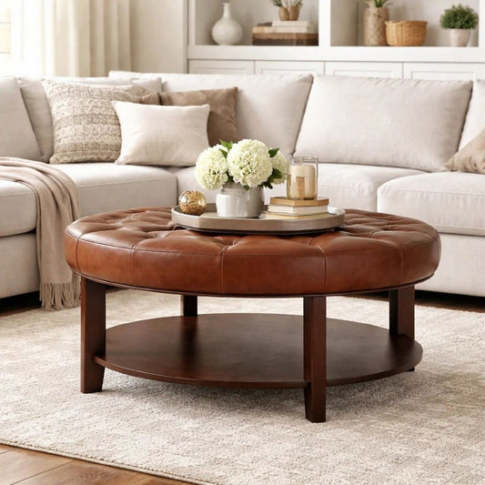 Kiam Ottoman, Shelf, Light Brown Faux Leather, Brown Wood 32 Inch