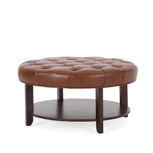 Kiam Ottoman, Shelf, Light Brown Faux Leather, Brown Wood 32 Inch