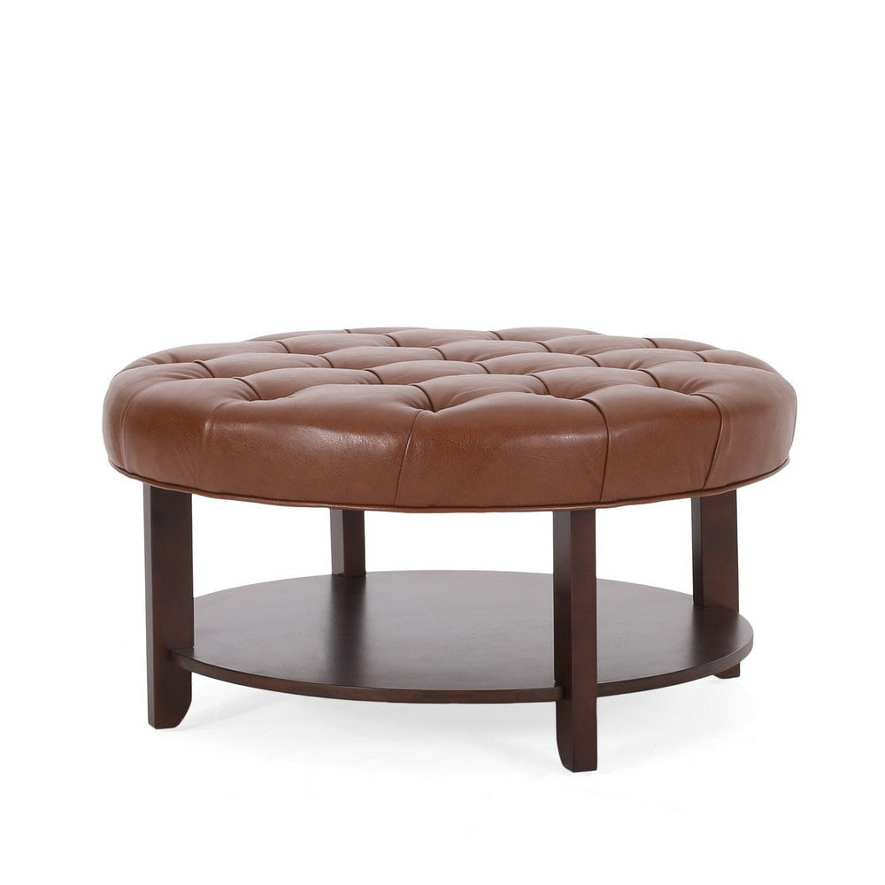 Kiam Ottoman, Shelf, Light Brown Faux Leather, Brown Wood 32 Inch