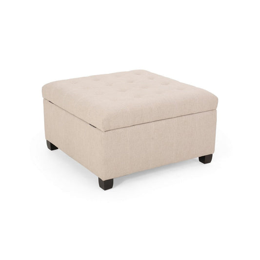 Cindy Storage Ottoman, Tufted Wheat Polyester, Brown Wood, 31 Inch