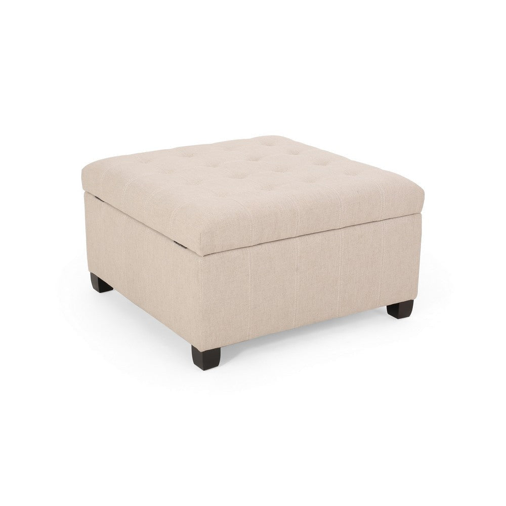 Cindy Storage Ottoman, Tufted Wheat Polyester, Brown Wood, 31 Inch