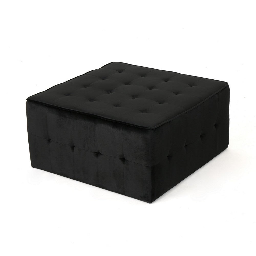 Ottoman, Tufted Soft Black Velvet, Iron Frame, Square 31 Inch Top