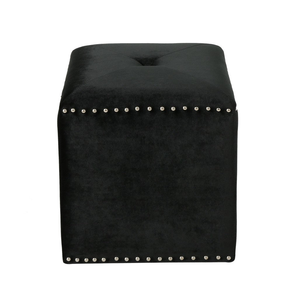 Neli Ottoman Black Velvet Single Tuft on Top Nailhead Trim 17 Inch