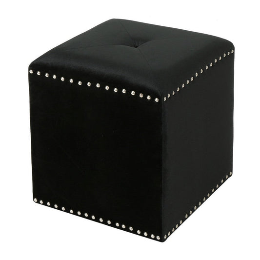 Neli Ottoman, Black Velvet, Single Tuft on Top, Nailhead Trim, 17 Inch