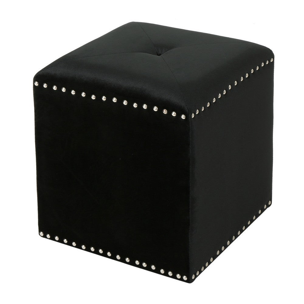 Neli Ottoman, Black Velvet, Single Tuft on Top, Nailhead Trim, 17 Inch