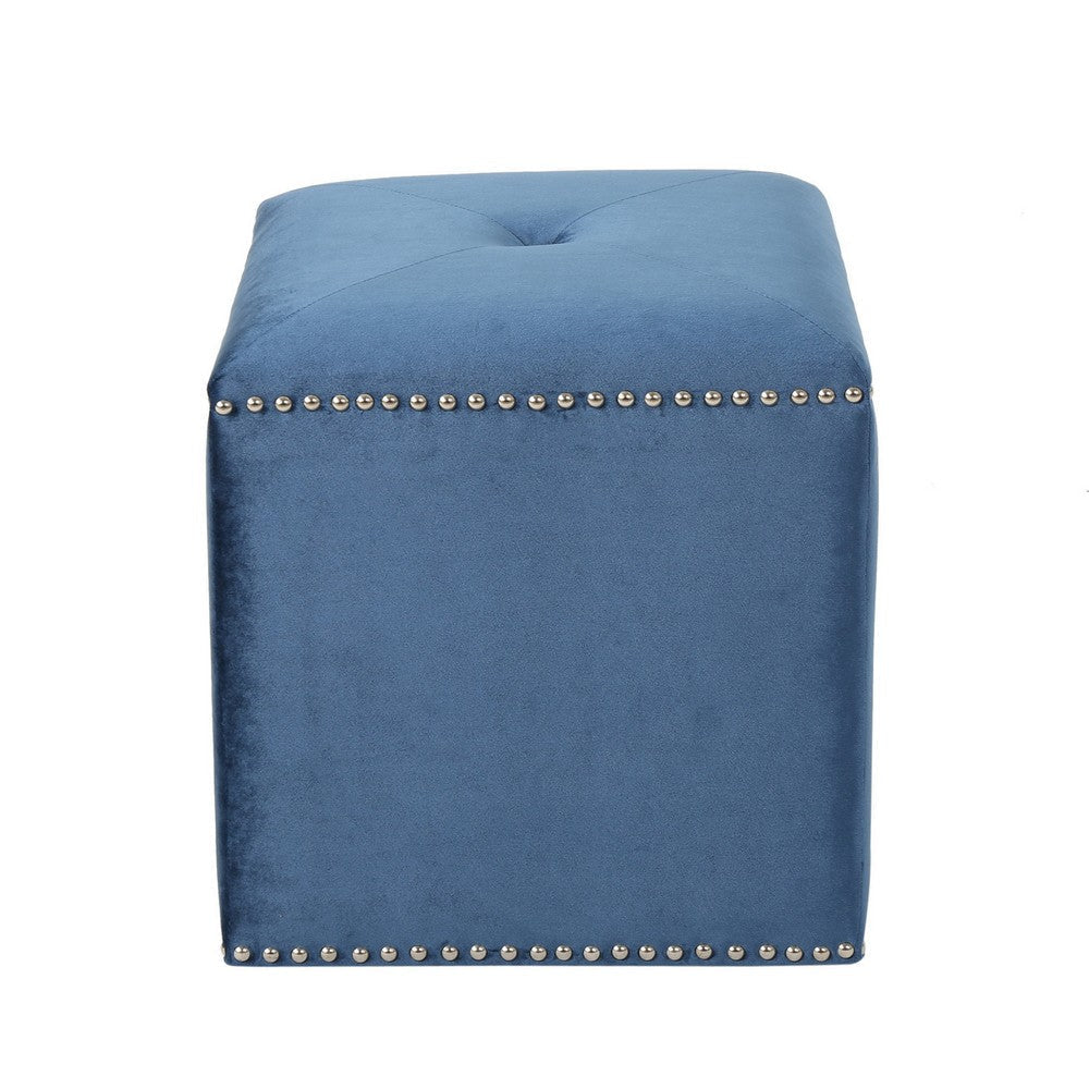 Neli Ottoman Blue Velvet Single Tuft on Top Nailhead Trim 17 Inch