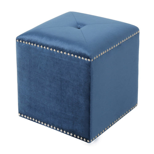 Neli Ottoman, Blue Velvet, Single Tuft on Top, Nailhead Trim, 17 Inch
