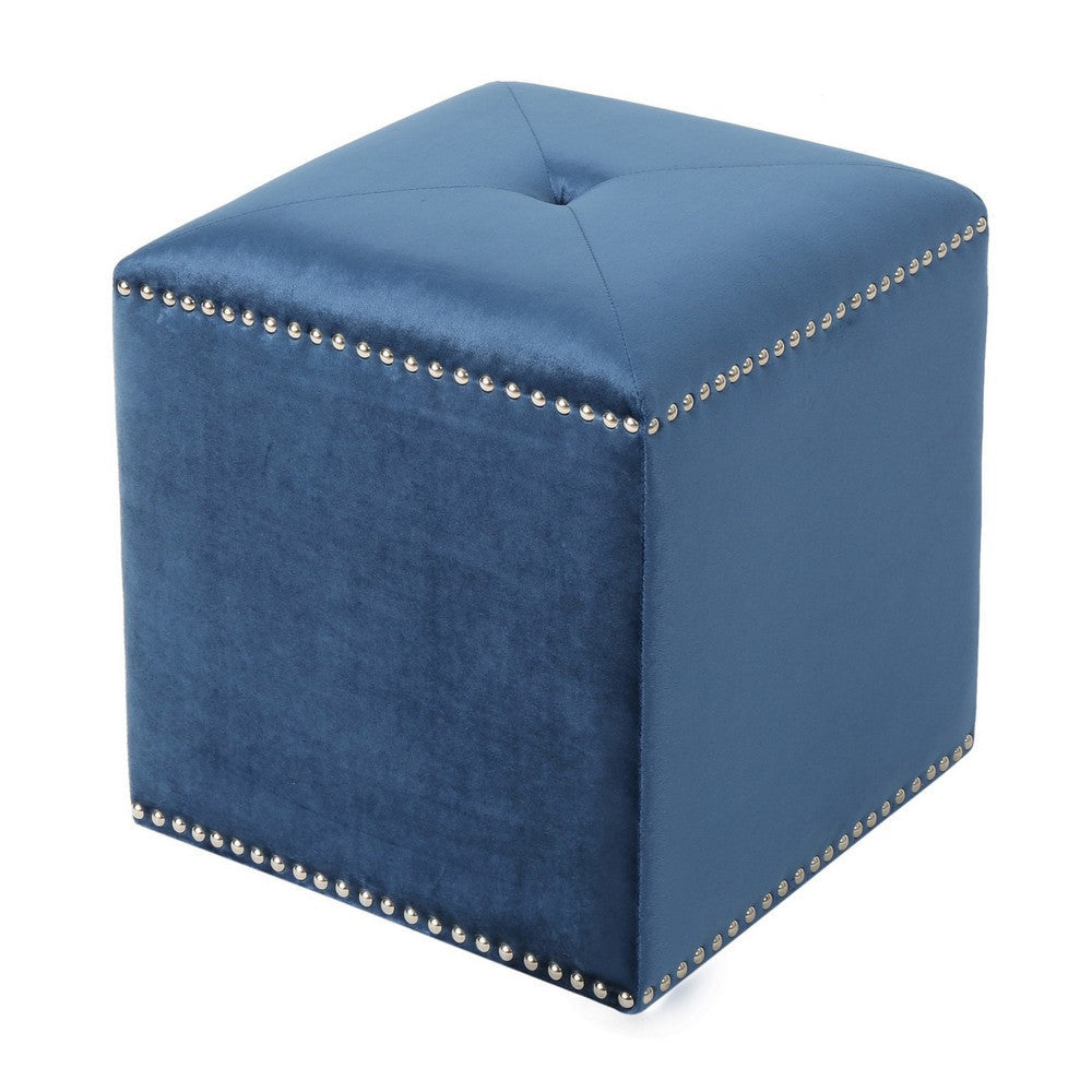 Neli Ottoman, Blue Velvet, Single Tuft on Top, Nailhead Trim, 17 Inch