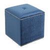 Neli Ottoman Blue Velvet Single Tuft on Top Nailhead Trim 17 Inch