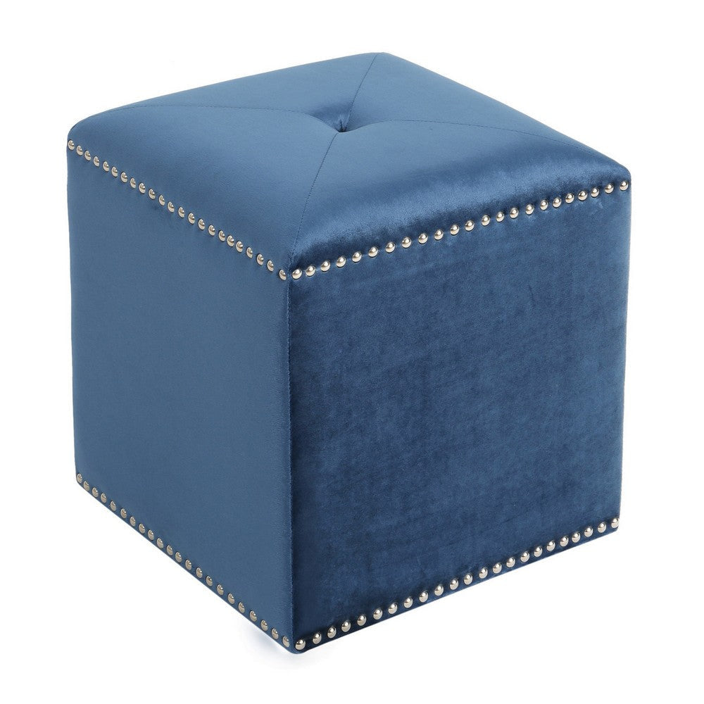Neli Ottoman Blue Velvet Single Tuft on Top Nailhead Trim 17 Inch