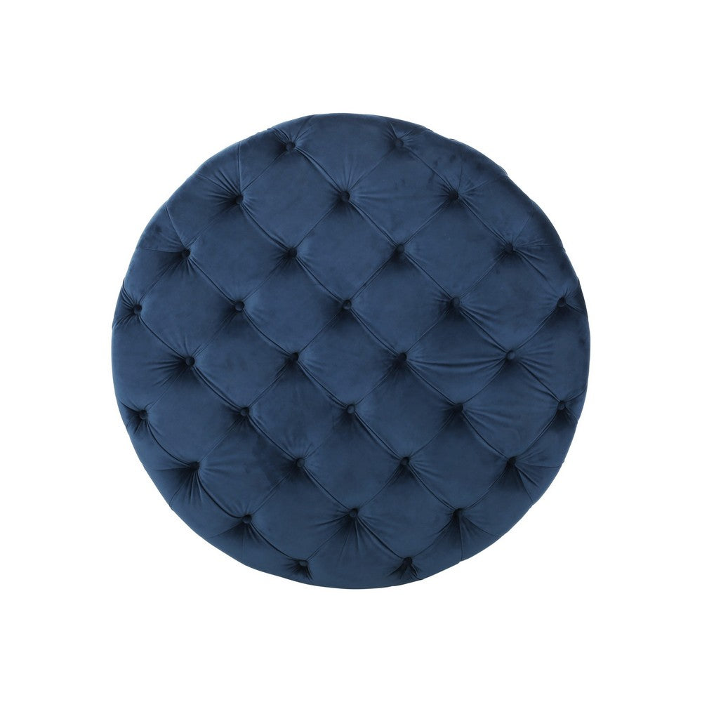 Vivan Ottoman | Tufted Blue Velvet | Soft Cushions | Round 40 Inch Top