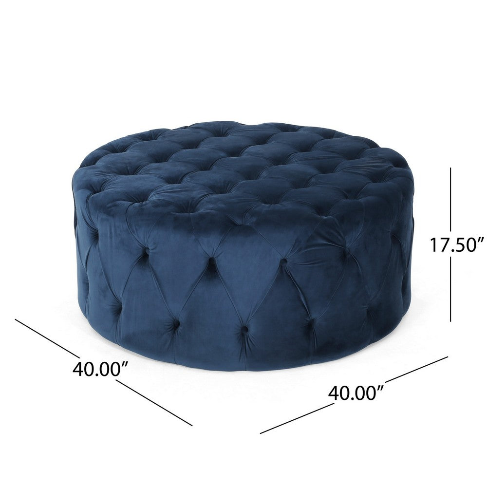 Vivan Ottoman | Tufted Blue Velvet | Soft Cushions | Round 40 Inch Top